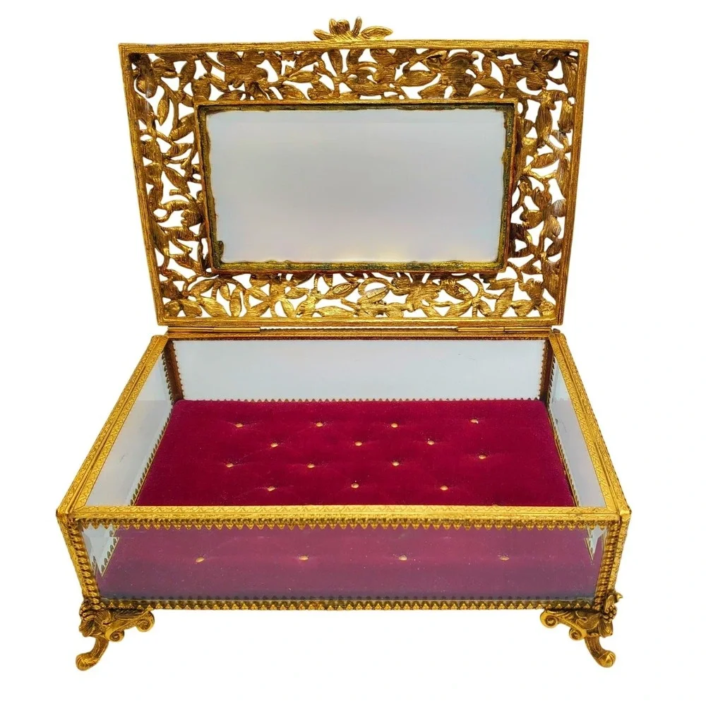 Matson Ormolu Jewelry Dogwood Casket Box Dresser Vanity Case Gilt Footed Trinket